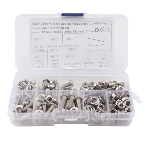 

190 PCS 304 Stainless Steel Screws and Nuts Hex Socket Head Cap Screws Gasket Wrench Assortment Set Kit