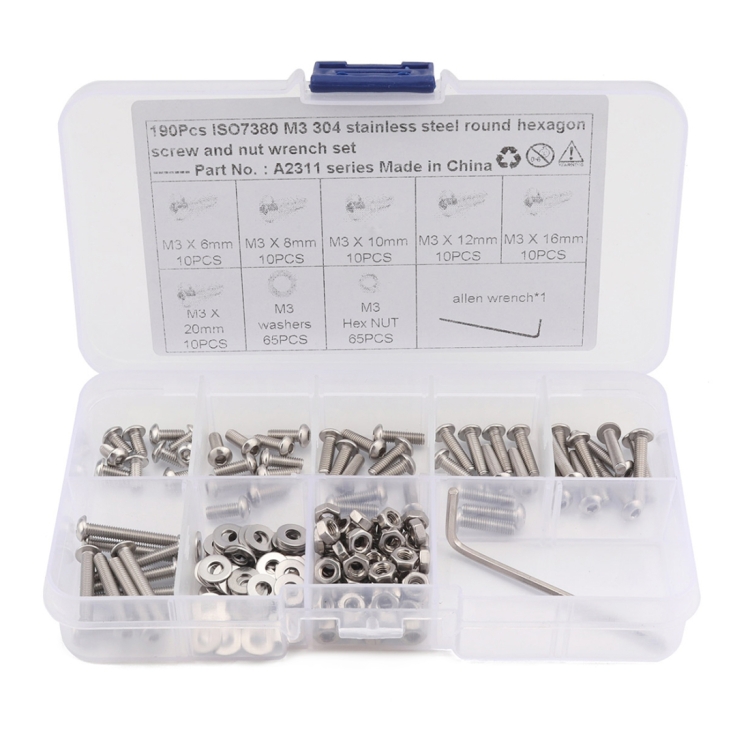 

190 PCS 304 Stainless Steel Screws and Nuts M3 Hex Socket Head Cap Screws Gasket Wrench Assortment Set Kit