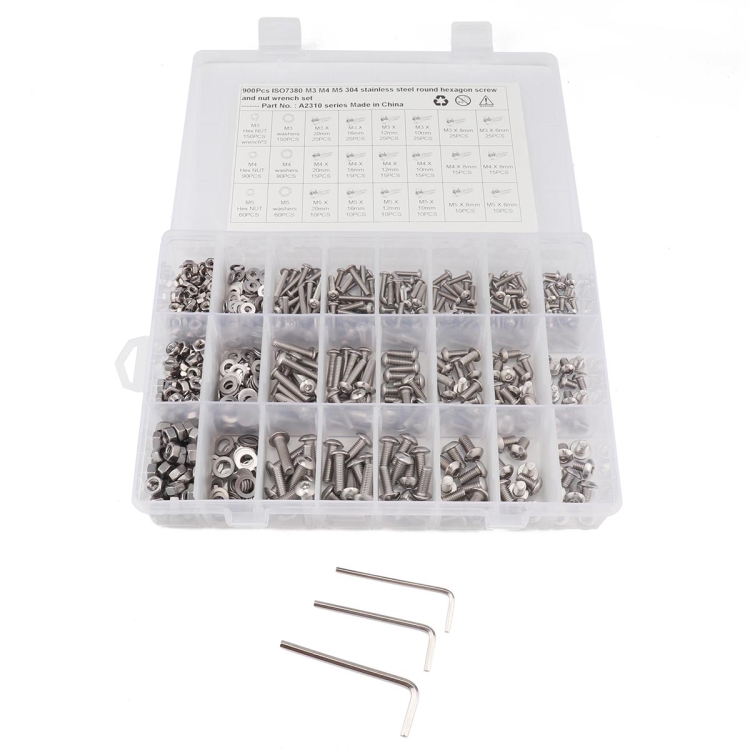 

900 PCS 304 Stainless Steel Screws and Nuts Hex Socket Head Cap Screws Gasket Wrench Assortment Set Kit