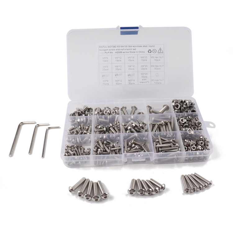 

500 PCS 304 Stainless Steel Screws and Nuts Hex Socket Head Cap Screws Gasket Wrench Assortment Set Kit