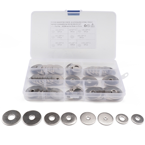 

75 PCS Round Shape Stainless Steel Flat Washer Assorted Kit for Car / Boat / Home Appliance