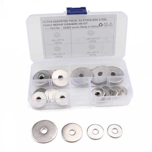 

40 PCS Round Shape Stainless Steel Flat Washer Assorted Kit for Car / Boat / Home Appliance