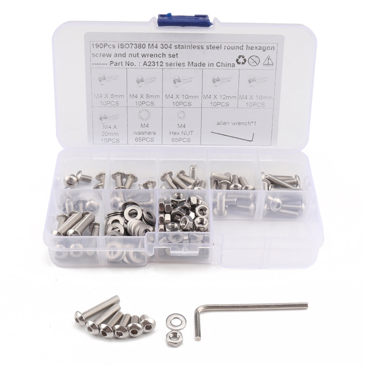 

190 PCS 304 Stainless Steel Screws and Nuts M4 Hex Socket Head Cap Screws Gasket Wrench Assortment Set Kit