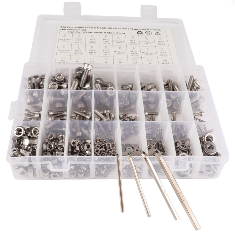 

520 PCS 304 Stainless Steel Screws and Nuts M3 M4 M5 M6 Hex Socket Head Cap Screws Gasket Wrench Assortment Set Kit