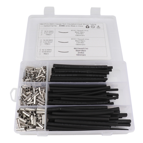 

380 PCS Car / Boat AWG Gauge Non-Insulated Butt Connectors Ferrule Cable Crimp Terminal + Heat Shrinkable Tube Kit