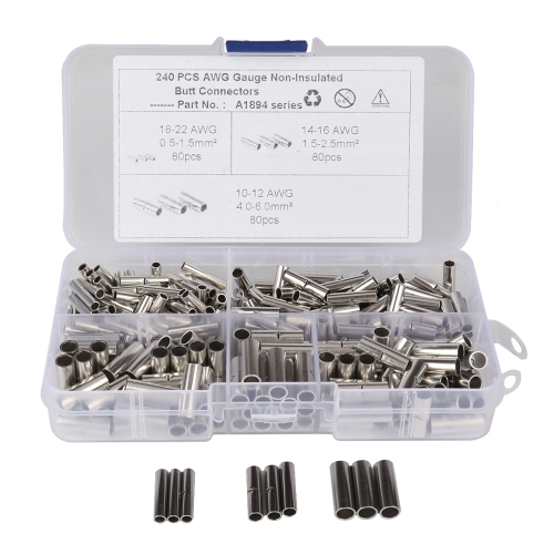 

240 PCS Car / Boat AWG Gauge Non-Insulated Butt Connectors Ferrule Cable Crimp Terminal Kit