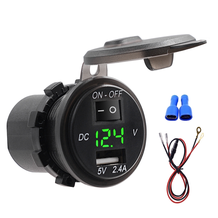 

Universal Car Single Port USB Charger Power Outlet Adapter 2.4A 5V IP66 with LED Digital Voltmeter + Switch + 60cm Cable (Green Light)
