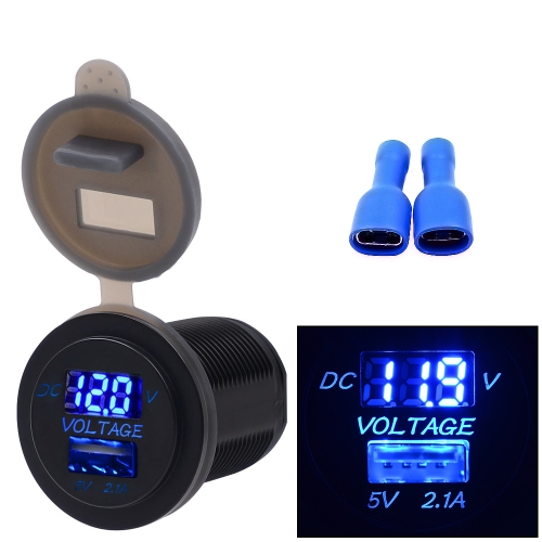 

Universal Car Single Port USB Charger Power Outlet Adapter 2.1A 5V IP66 with LED Digital Voltmeter + 60cm Cable(Blue Light)