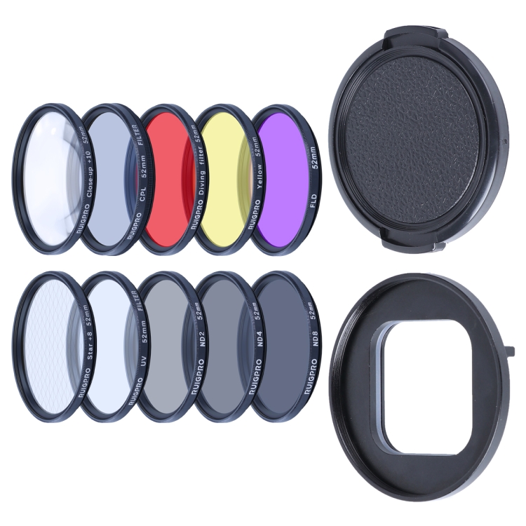 

RUIGPRO for GoPro HERO9 Black Professional 52mm 52mm 10 in 1 UV+ND2+ND4+ND8+Star 8+ +CPL+Yellow/Red/Purple+10X Close-up Lens Filter with Filter Adapter Ring & Lens Cap
