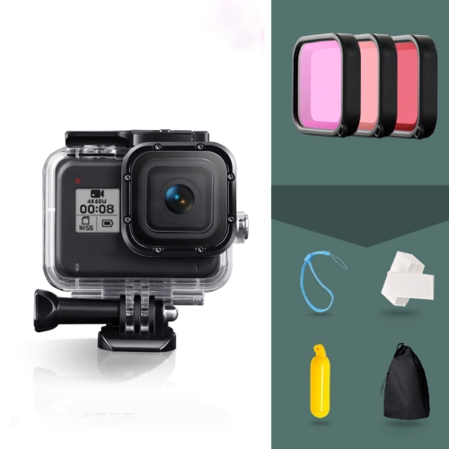 

For GoPro HERO8 Black 45m Waterproof Housing Protective Case with Buckle Basic Mount & Screw & (Purple, Red, Pink) Filters & Floating Bobber Grip & Strap & Anti-Fog Inserts (Transparent)