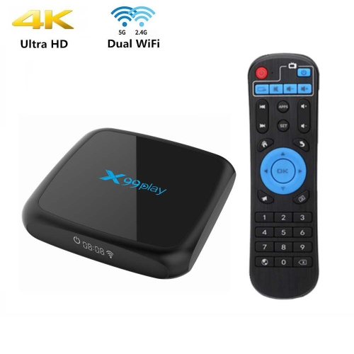 

X99 Play 4K TV Box Android 9.0 Media Player wtih Remote Control, Rockchip RK3318 Quad Core 64-bit ARM Cortex-A53, 4GB+32GB, Ethernet / TF / USB