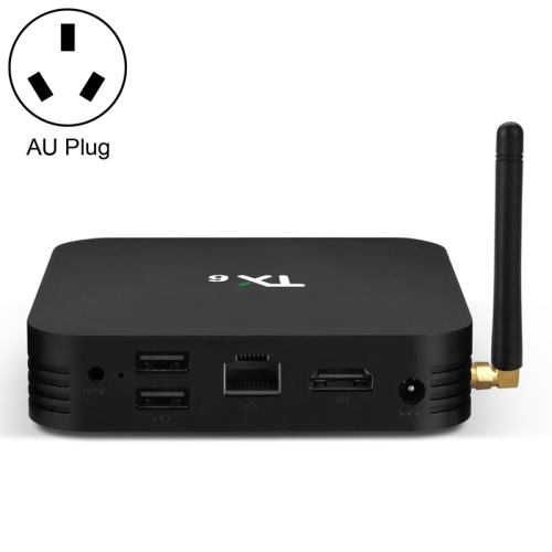 

TX6 HD TV Box Media Player, Android 7.1 / 9.0 System, Allwinner H6, up to 1.5GHz, Quad-core ARM Cortex-A53, 2GB + 16GB, Support Bluetooth, WiFi, RJ45, AU Plug