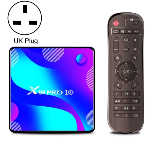 

X88 Pro 10 4K Ultra HD Android TV Box with Remote Controller, Android 10.0, RK3318 Quad-Core 64bit Cortex-A53, 4GB+32GB, Support Bluetooth / Dual-Band WiFi / TF Card / USB / AV / Ethernet(UK Plug)