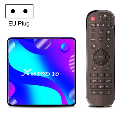 

X88 Pro 10 4K Ultra HD Android TV Box with Remote Controller, Android 10.0, RK3318 Quad-Core 64bit Cortex-A53, 4GB+64GB, Support Bluetooth / Dual-Band WiFi / TF Card / USB / AV / Ethernet(EU Plug)