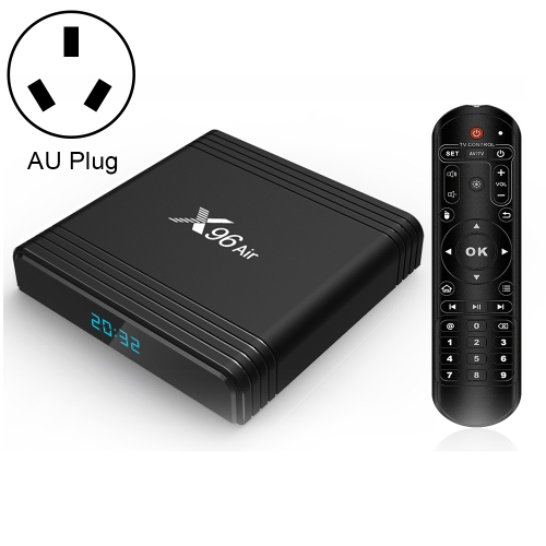 

X96 Air 4K Smart TV BOX Android 9.0 Media Player wtih Remote Control, Quad-core Amlogic S905X3, RAM: 4GB, ROM: 64GB, Dual Band WiFi, Bluetooth, AU Plug