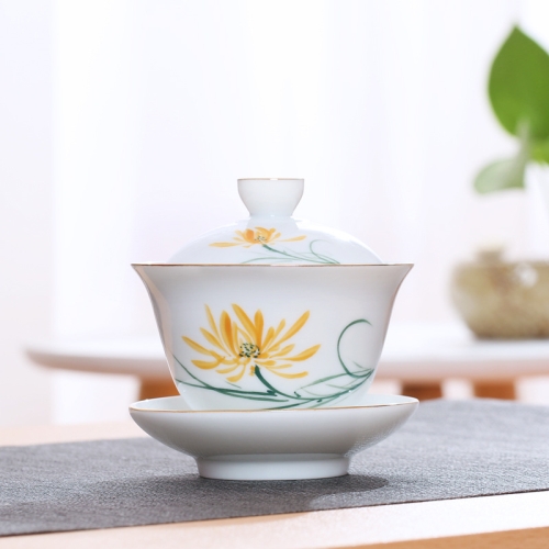 

Hand Painting Ceramic Kungfu Teaware Teacup with Cover(Daisy)