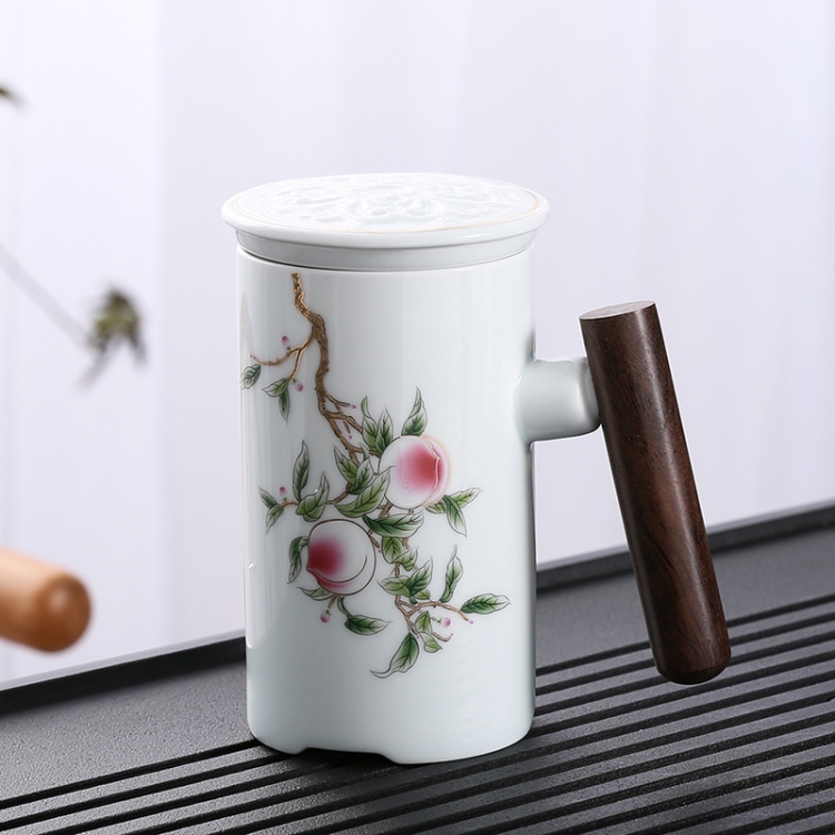

Enamel Ceramic Tea Cup Set with Cup Cover & Filter Cup, Pattern: Good Luck and Long Life