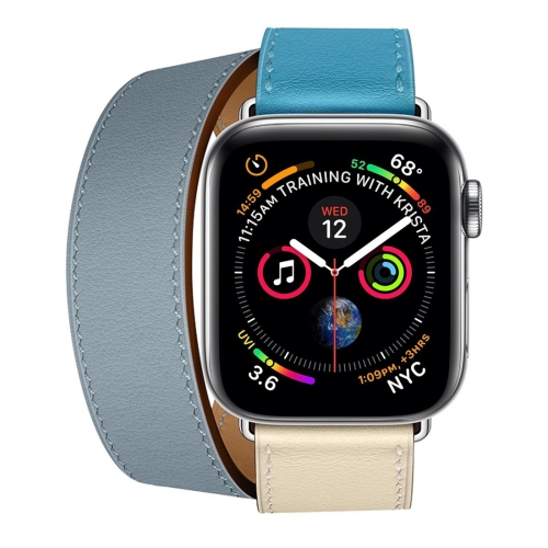 

Two Color Double Loop Leather Wrist Strap Watchband for Apple Watch Series 3 & 2 & 1 38mm, Color:Grey Blue+Pink White+Ice Blue