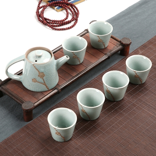 

7 PCS Ceramic Kungfu Teaware Teapot Teacup Set, Shape:Embossed Plum Blossom(Blue)