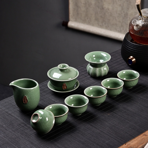 

Ge Kiln Ceramic Kungfu Teaware Teacup Cover Bowl Set, Color:Green