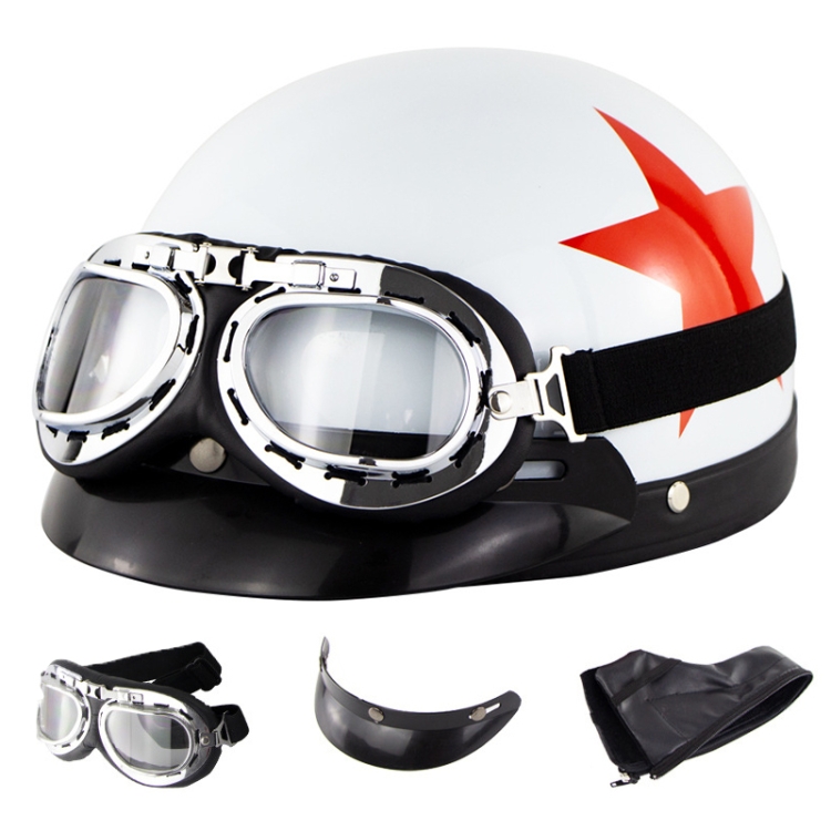 

Soman Electromobile Motorcycle Half Face Helmet Retro Harley Helmet with Goggles(Bright White Red Star)