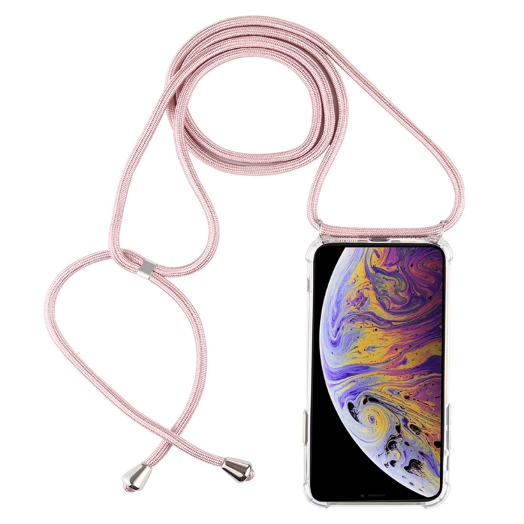 

Four-Corner Anti-Fall Transparent TPU Mobile Phone Case With Lanyard for iPhone XS Max(Rose Gold)