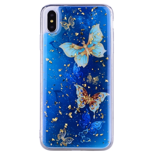 

Gold Foil Style Dropping Glue TPU Soft Protective Case for iPhone XS / X(Blue Butterfly)