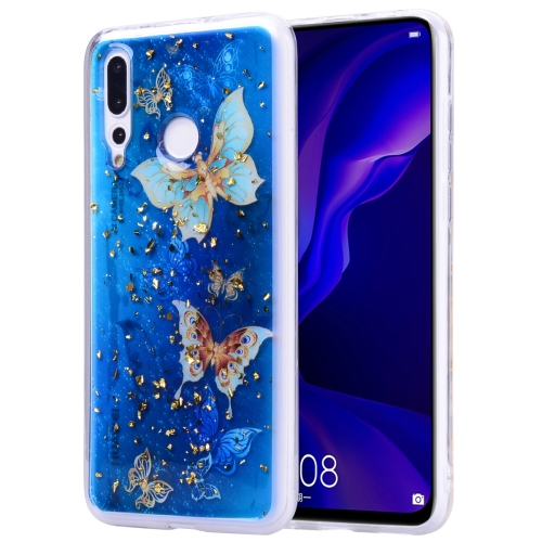 

Cartoon Pattern Gold Foil Style Dropping Glue TPU Soft Protective Case for Huawei Y7 (2019)(Blue Butterfly)