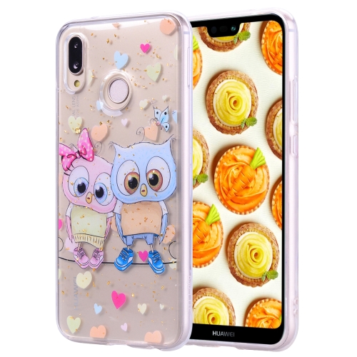 

Cartoon Pattern Gold Foil Style Dropping Glue TPU Soft Protective Case for Huawei P20 Lite(Loving Owl)