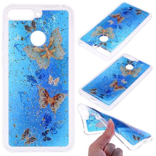 

Cartoon Pattern Gold Foil Style Dropping Glue TPU Soft Protective Case for Huawei Y6 (2018)(Blue Butterfly)