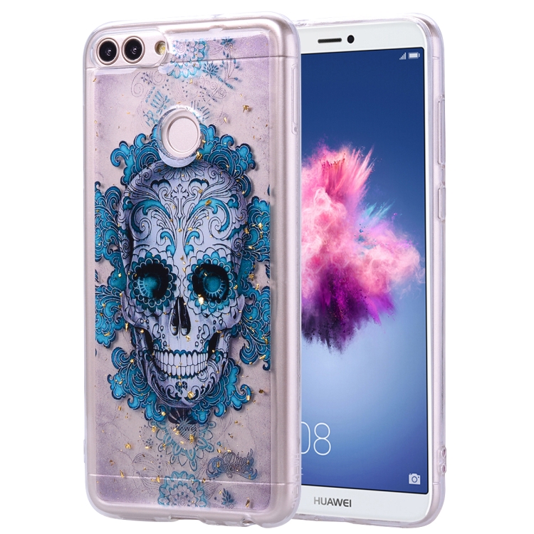 

Cartoon Pattern Gold Foil Style Dropping Glue TPU Soft Protective Case for Huawei P Smart / Enjoy 7S(Skull)
