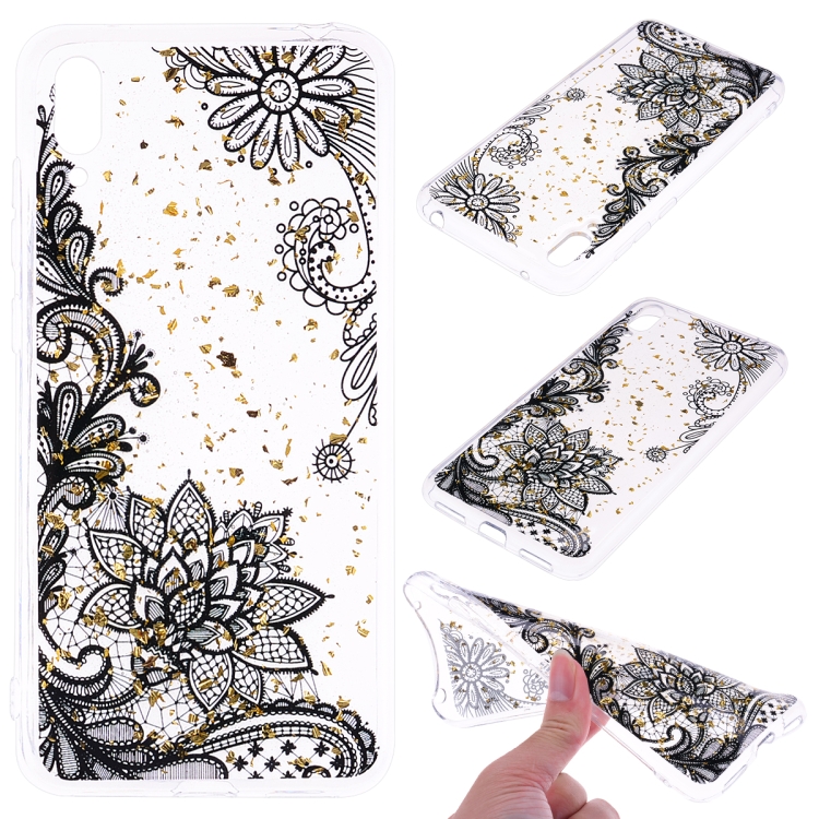 

Cartoon Pattern Gold Foil Style Dropping Glue TPU Soft Protective Case for Huawei Enjoy 9(Black Lace)