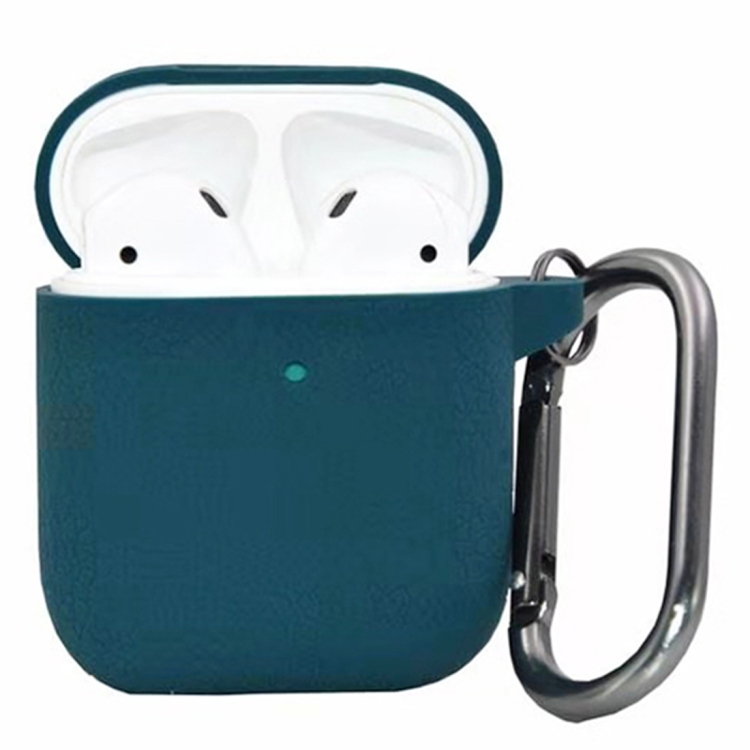 

One-piece Leather Texture Silicone Earphone Protective Case for Apple AirPods 2, with Hook(Dark Green)