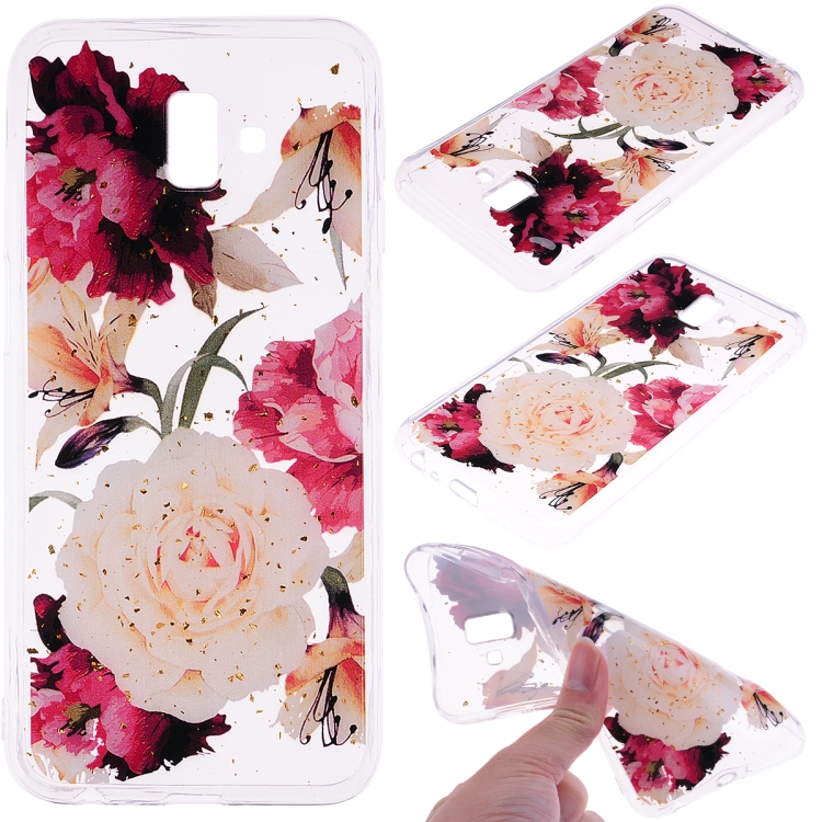 

Cartoon Pattern Gold Foil Style Dropping Glue TPU Soft Protective Case for Galaxy J6+(Flower)