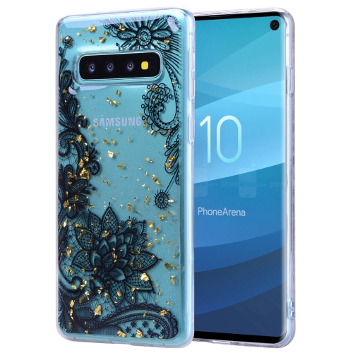 

Cartoon Pattern Gold Foil Style Dropping Glue TPU Soft Protective Case for Galaxy S10+(Black Lace)