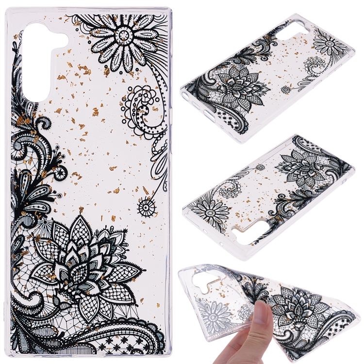 

Cartoon Pattern Gold Foil Style Dropping Glue TPU Soft Protective Case for Galaxy Note 10(Black Lace)