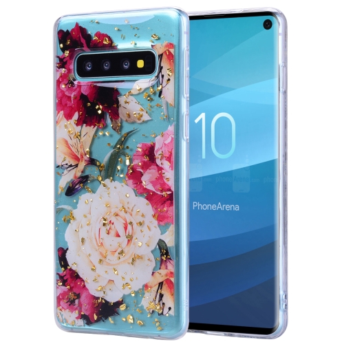 

Cartoon Pattern Gold Foil Style Dropping Glue TPU Soft Protective Case for Galaxy S10(Flower)