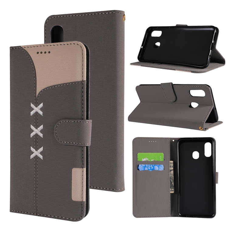 

Fabric Stitching Embroidery Horizontal Flip Leather Case With Holder & Card Slots & Wallet for Galaxy A20(Grey)