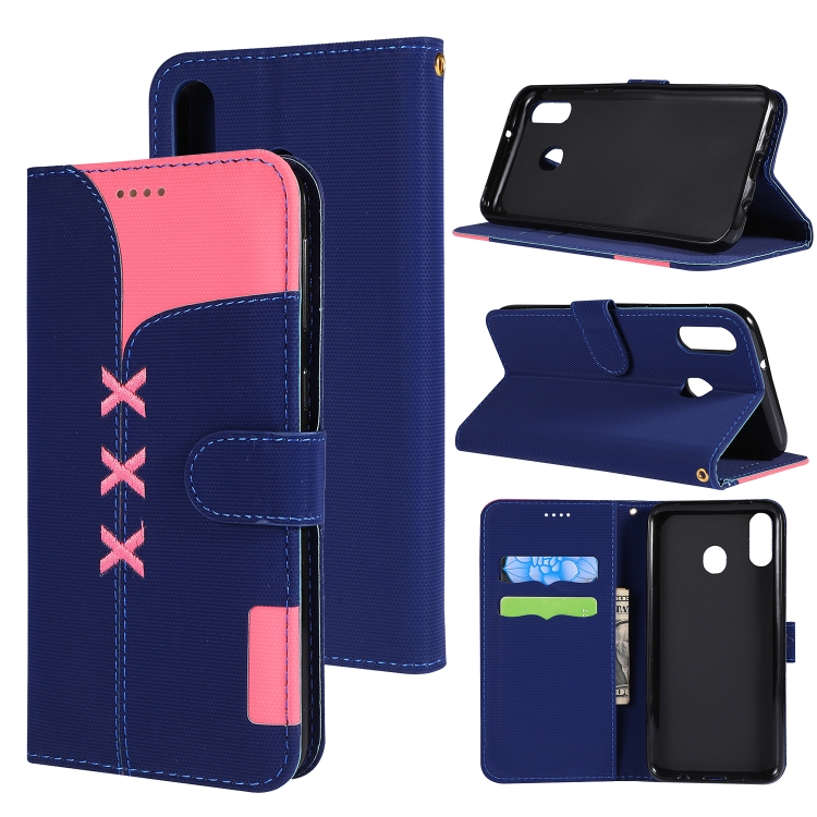 

Fabric Stitching Embroidery Horizontal Flip Leather Case With Holder & Card Slots & Wallet for Galaxy M20(Dark Blue)