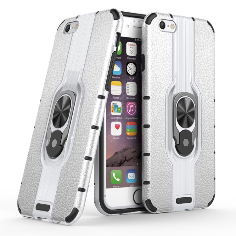 

Litchi Texture PC + TPU Combination Case with Magnetic Ring Holder For iPhone 6 & 6s(Silver)