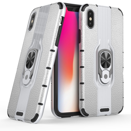 

Litchi Texture PC + TPU Combination Case with Magnetic Ring Holder For iPhone XS / X(Silver)