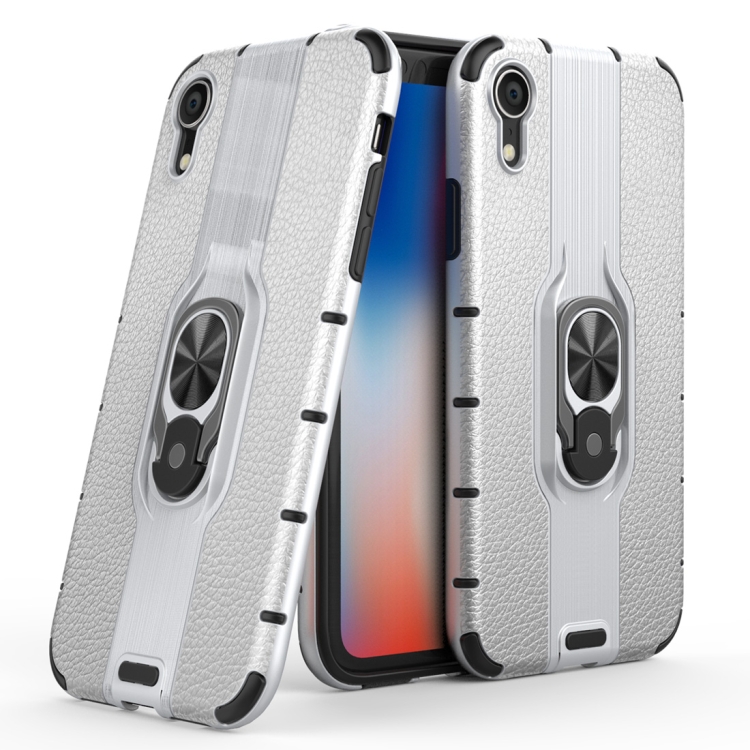 

Litchi Texture PC + TPU Combination Case with Magnetic Ring Holder For iPhone XR(Silver)