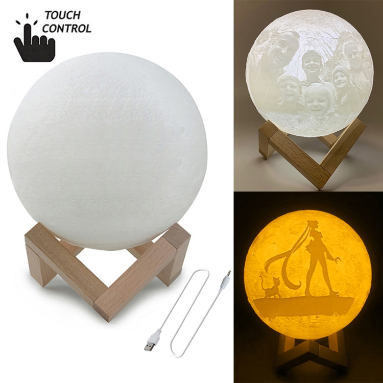 

Customized Touch Switch 2-color 3D Print Moon Lamp USB Charging Energy-saving LED Night Light with Wooden Holder Base, Diameter:15cm