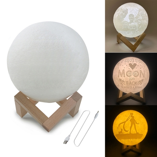 

Customized Patted 3-color 3D Print Moon Lamp USB Charging Energy-saving LED Night Light with Wooden Holder Base, Diameter:18cm