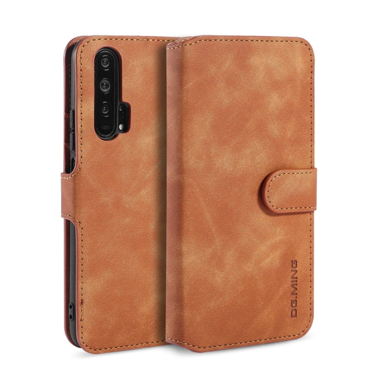 

DG.MING Retro Oil Side Horizontal Flip Case with Holder & Card Slots & Wallet for Huawei Honor 20 Pro(Brown)