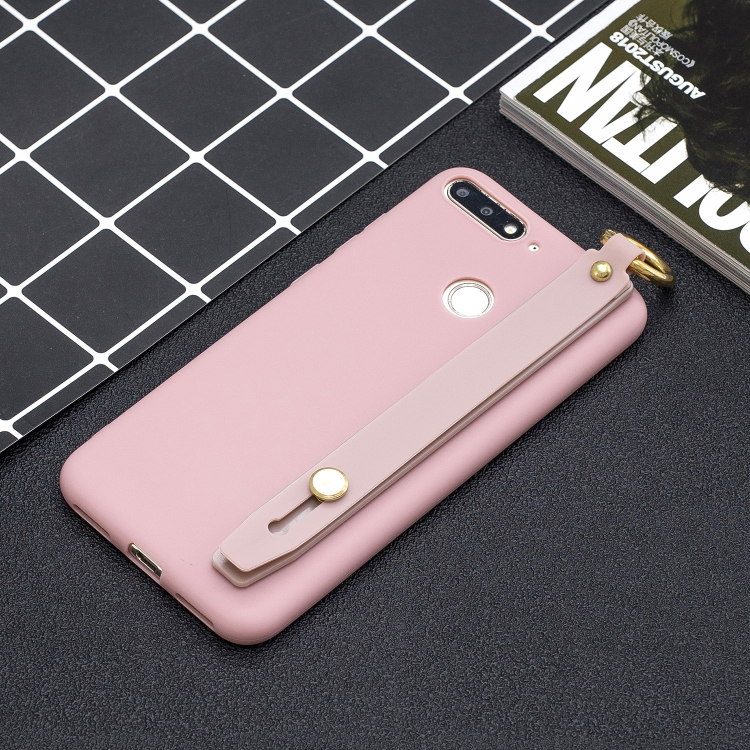

Shockproof Solid Color TPU Case with Wristband For Xiaomi Redmi 7A(Pink)