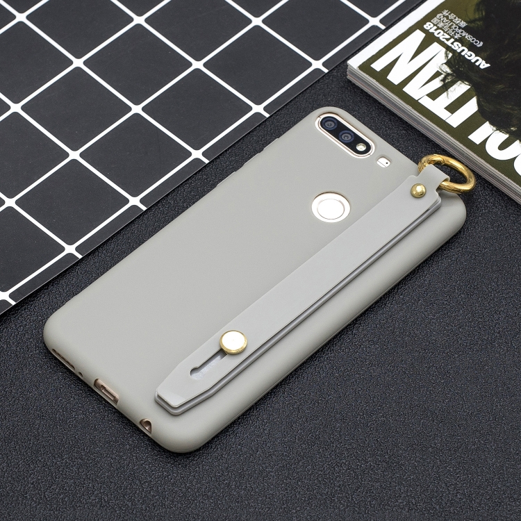 

Shockproof Solid Color TPU Case with Wristband For Huawei Honor 7C(Grey)