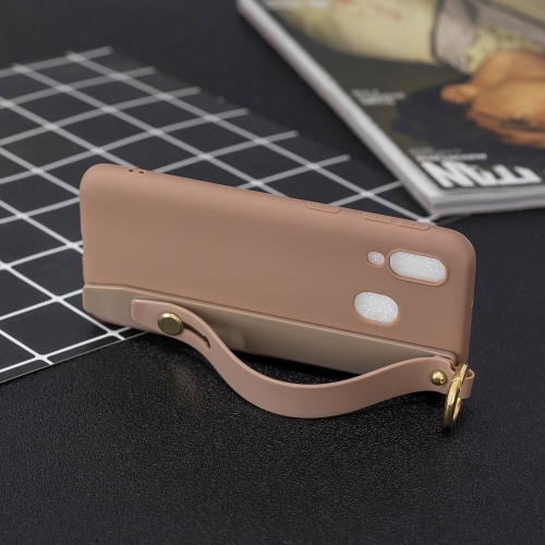 

Shockproof Solid Color TPU Case with Wristband For Galaxy A30(Coffee)