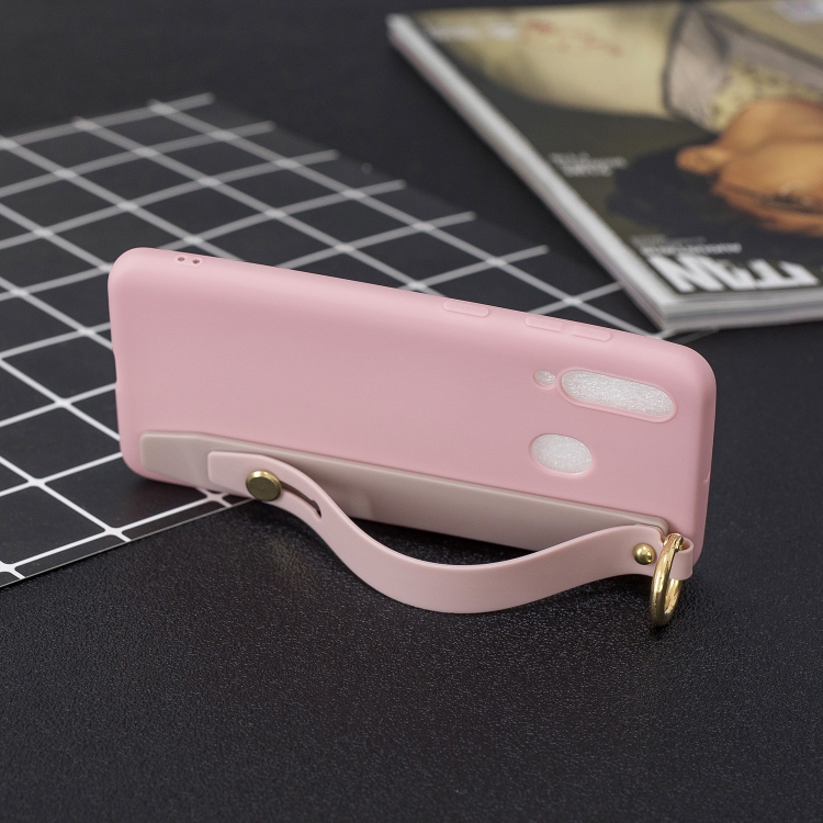 

Shockproof Solid Color TPU Case with Wristband For Galaxy A60(Pink)