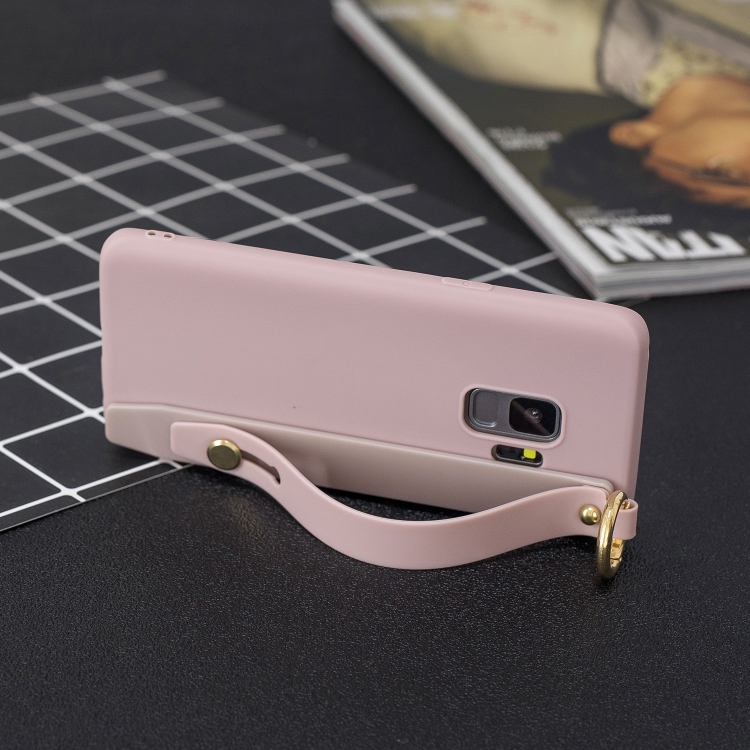 

Shockproof Solid Color TPU Case with Wristband For Galaxy S9(Pink)